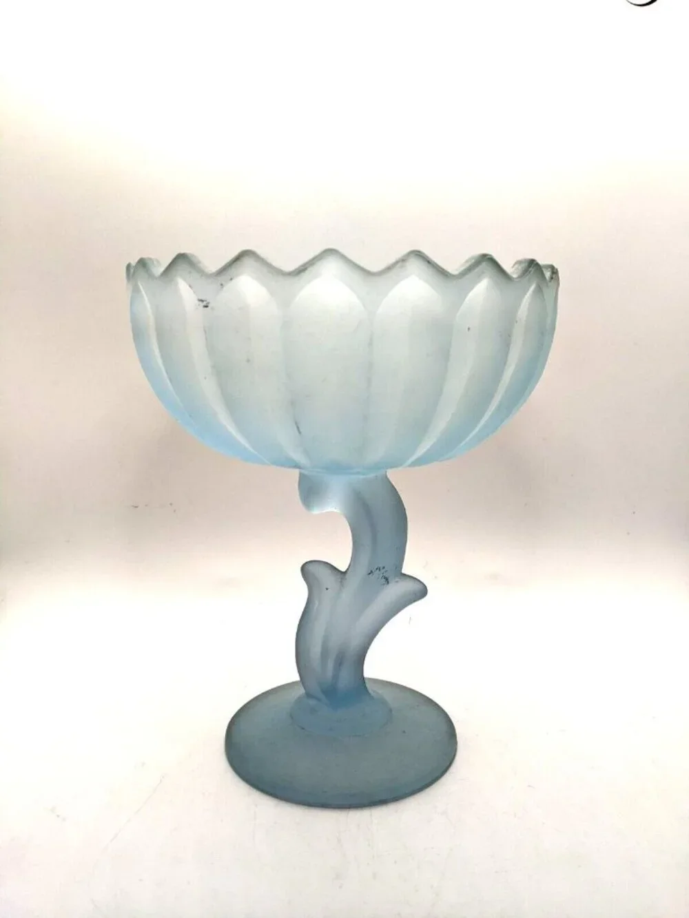 Indiana Glass Compote Frosted Satin Blue Lotus Blossom Pedestal Bowl 7.5
